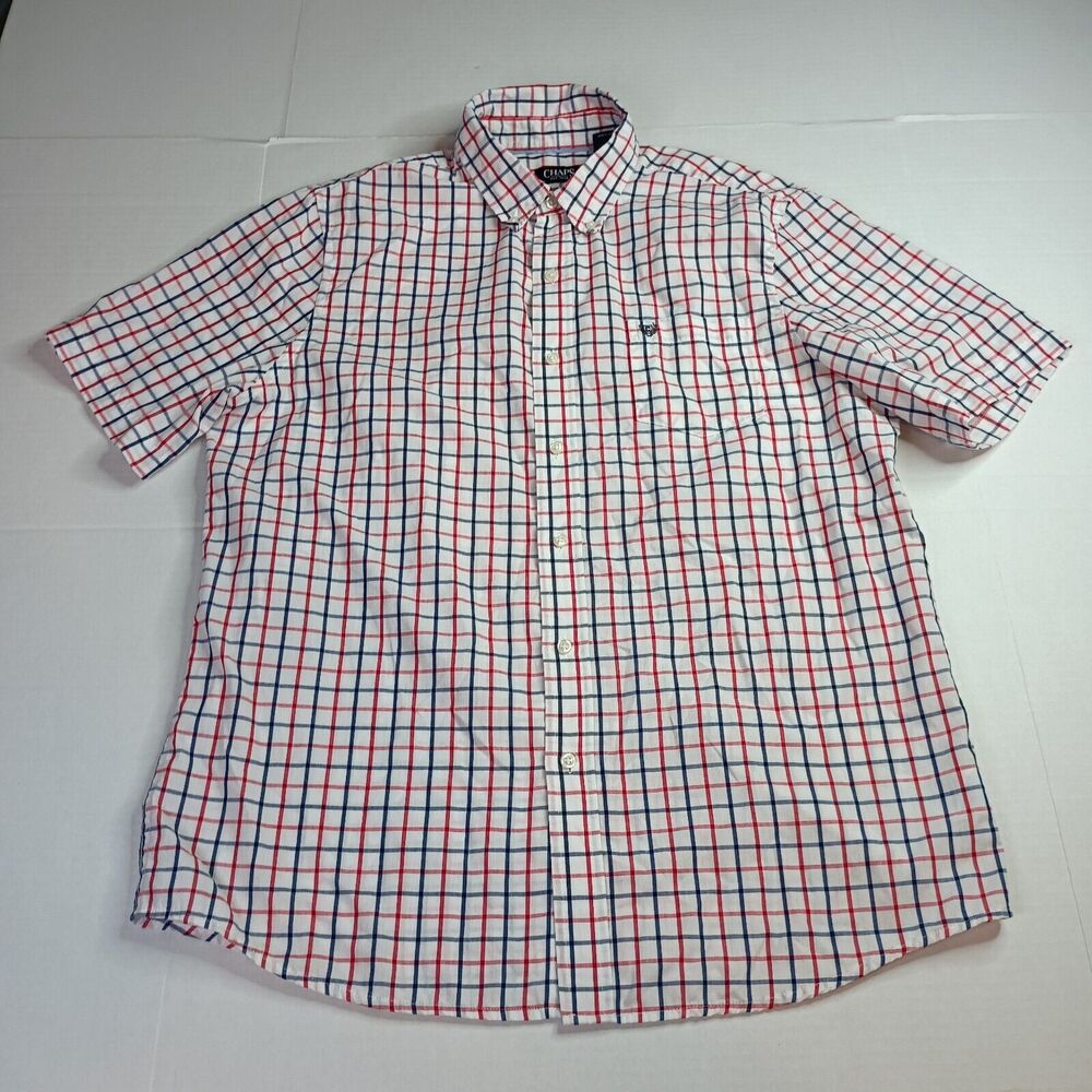 Chaps Shirt Men's L Red White Blue Button Down Short Sleeve Easy Care Check